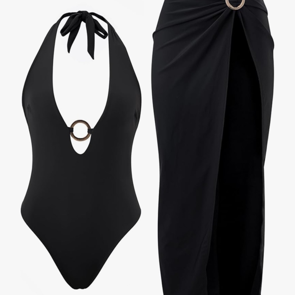Black Halter One-Piece Swimsuit with Skirt